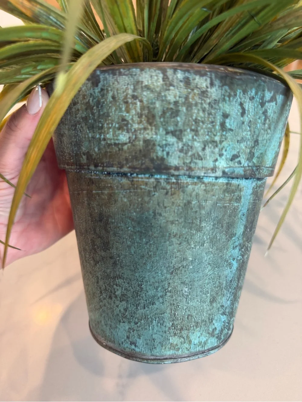 Michaels Faux Green Grass Arrangement in Patina Green Planter